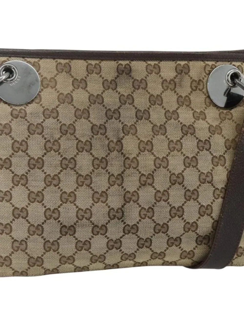 GUCCI GG Canvas Shoulder Bag Beige Brown Silver 120841 Auth am11410